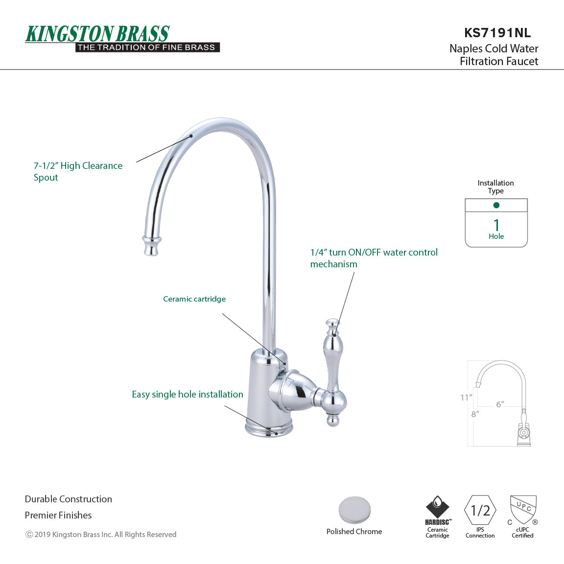 Kingston Heirloom KS7191NL - Naples Single-Handle 1-Hole Deck Mount Water Filtration Faucet, Polished Chrome — thumbnail 2